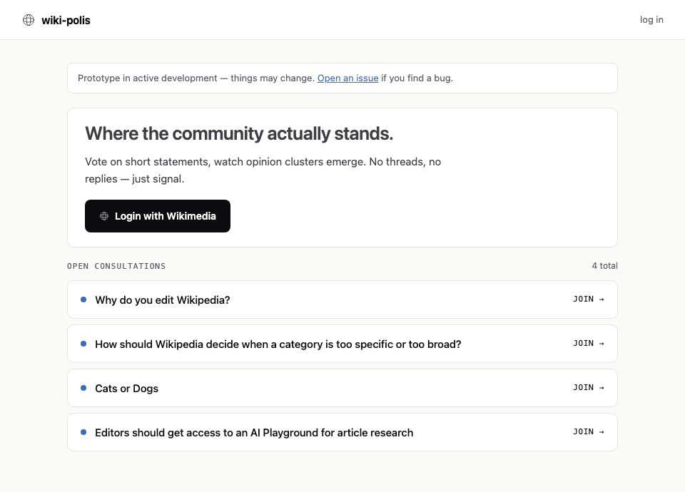 Screenshot of the wiki-polis homepage showing the Wikimedia login call to action and open consultations list.